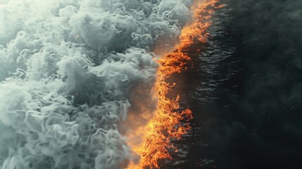 Ice vs fire in abstract wallpaper, a flowing motion of cold water vs hot flame in a creative vs striking design with a dark vs light texture and a magical vs realistic backdrop.