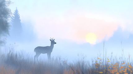 Majestic deer in a foggy autumn meadow at dawn, embodying the peacefulness of the fall equinox, fall equinox, nature solstice. Equinox. Illustration
