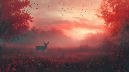 Majestic deer in a foggy autumn meadow at dawn, embodying the peacefulness of the fall equinox, fall equinox, nature solstice. Equinox. Illustration