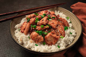 fried chicken teriyaki with rice, green onion and sesame, homemade, no people,