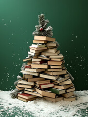 A Christmas tree made of books, green background, it is snowing