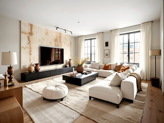 Fototapeta premium Contemporary room with large sectional sofa, lcd tv panel, neutral tones, and modern decor accents. Minimalist home interior design of modern living room.