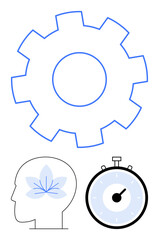 Gear outlines stopwatch human head with flower. Ideal for productivity, mindfulness, time management, mental health, efficiency, focus, simplicity. Line metaphor