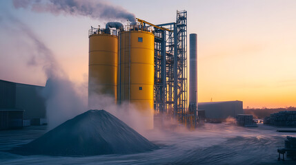 Industrial plant at sunset, emitting steam and dust.