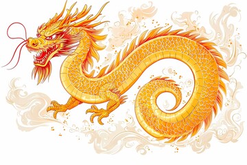 Obraz premium Vibrant Golden Dragon Illustration with Dynamic Flowing Elements