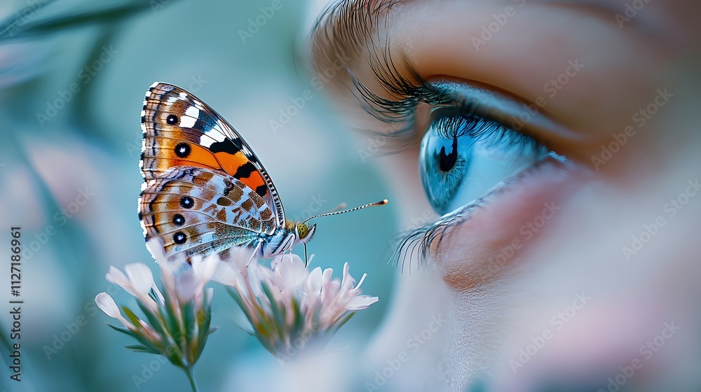 Poster close encounter with a butterfly: a beautiful butterfly landing on the eye of a person surrounded by