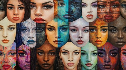 Contemporary art meets modern design in this kaleidoscope of female faces. Women of all races, colors, ages, and nationalities are represented, challenging beauty standards