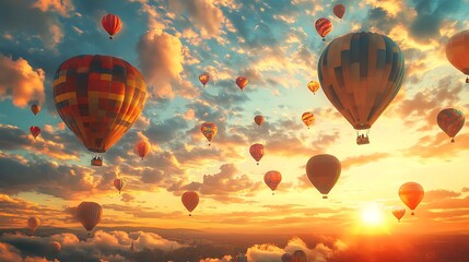 Naklejka premium A vibrant scene of hot air balloons soaring at sunset, creating a picturesque landscape.