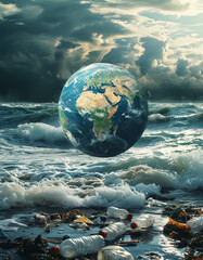 Polluted planet earth floating in an ocean with plastic waste, plastic trash, climate education to...