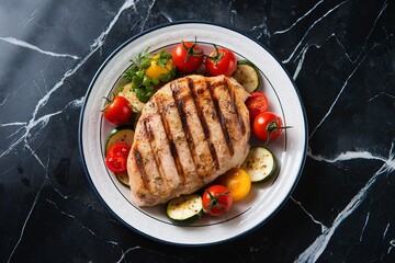 a grilled chicken breast meat steak with fresh vegetables on a white plate