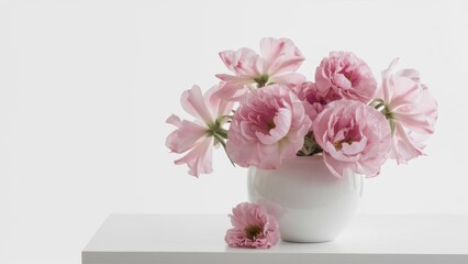 A minimalist composition featuring a white vase filled with delicate pink summer flowers. The flowers bloom in all their glory, their petals open gracefully. A vase on a white background.