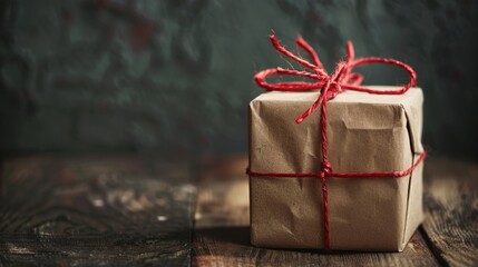 Rustic gift wrapped in kraft paper with red twine