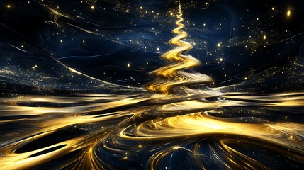 Abstract swirling gold and blue light forming a Christmas tree shape against a dark background.