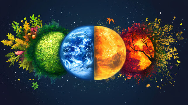 Seasons on planet eath. Equinox. Illustration