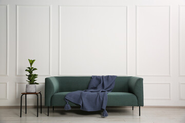 Stylish sofa with blanket and plant on side table near white wall