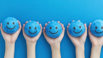 Hands holding blue happy smile face, good feedback rating, positive customer review, experience, satisfaction survey, smiley mental health, child wellness, world mental health day on blue background