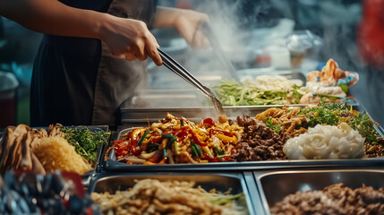 Obraz premium Asian street food stall with steam, Freshly cooked dishes at food stand