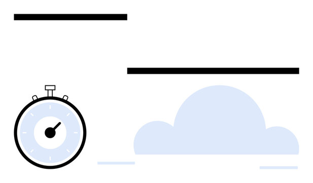 Stopwatch and cloud with horizontal black lines convey time management planning, punctuality, deadlines, and organization. Ideal for productivity, efficiency, scheduling, goal-setting, strategy