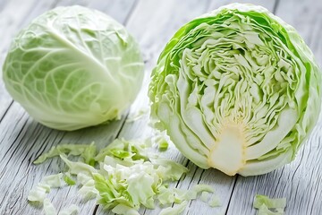 Obraz premium cabbage on a white wooden background, vertical, close-up