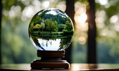 A glass orb reflecting lush greenery and a serene landscape, symbolizing clarity and insight.