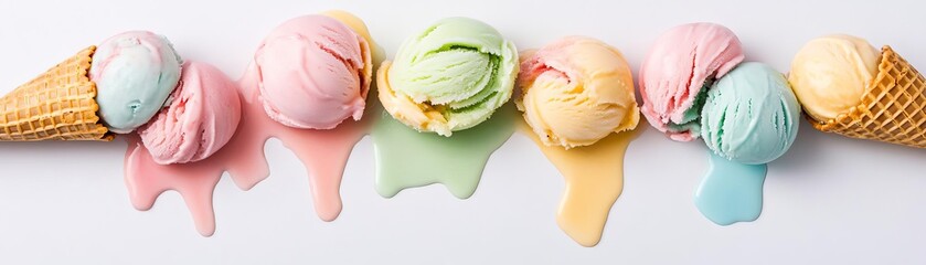 Broken ice cream cone spilling melted scoops, dramatic and colorful