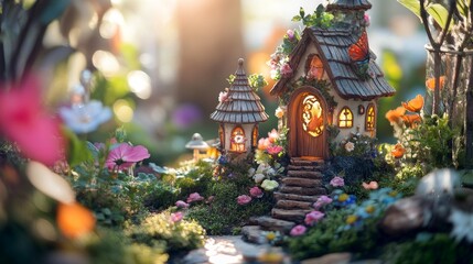 Obraz premium A whimsical fairy tale cottage surrounded by vibrant flower and greenery.