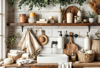 Rustic Kitchen Shelves with Wooden Open Shelving and Farmhouse Style Decor
