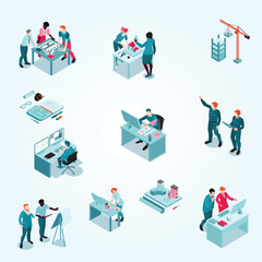 Architect creating project concept designing buildings with 3d computer software visiting construction site isometric set vector illustration