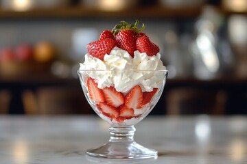 Strawberry dessert with whipped cream and fresh strawberries in a glass