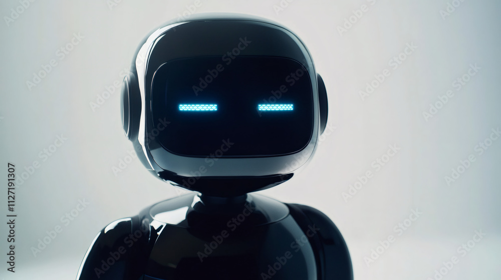 Poster Humanoid robot with glowing blue eyes displaying emotions against a light gray backdrop