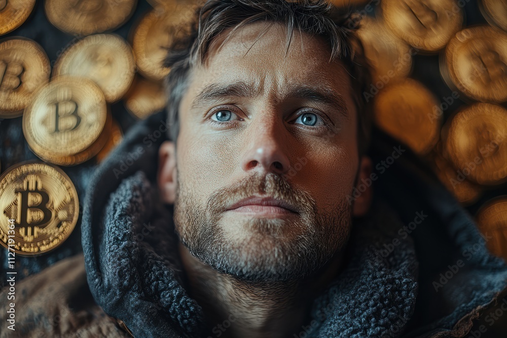 Poster Dynamic composition of a man surrounded by Bitcoin tokens, symbolizing innovation in digital currency.