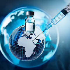 Vaccine vial and syringe placed on a digital globe to symbolize global health initiatives
