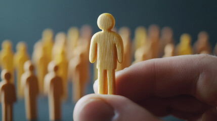 Wooden pawn held in hand symbolizing leadership and recruitment in a group