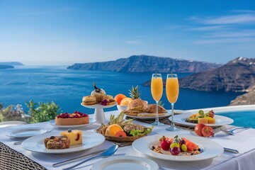 a luxurious outdoor dining setup with a panoramic view of the sea