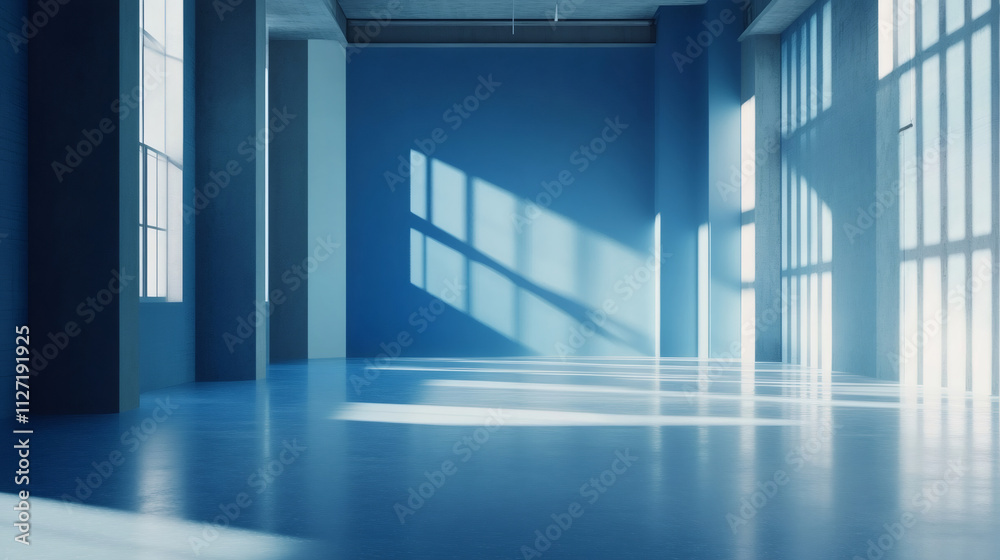 Aufkleber sunlight illuminating empty industrial blue open space with concrete pillars and large windows