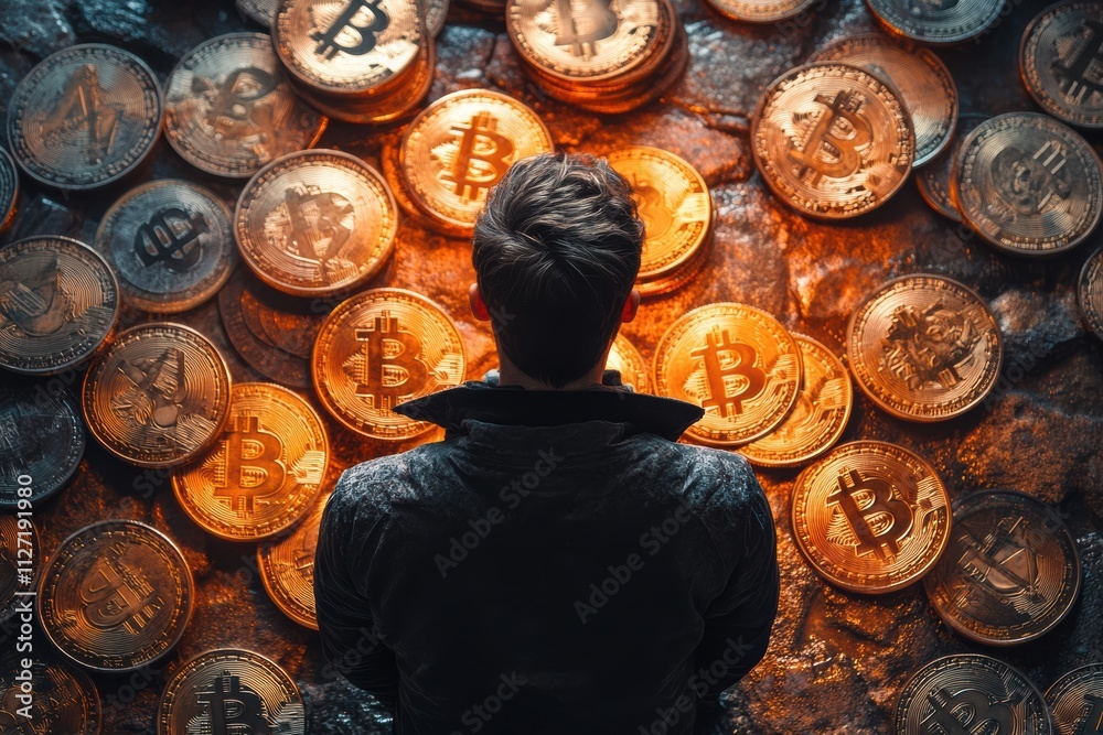 Poster dynamic composition of a man surrounded by bitcoin tokens, symbolizing innovation in digital currenc