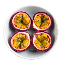 Fresh Passion Fruit Halves in White Bowls - Juicy Yellow Pulp and Seeds Inside Purple Skins Isolated on Transparent Background