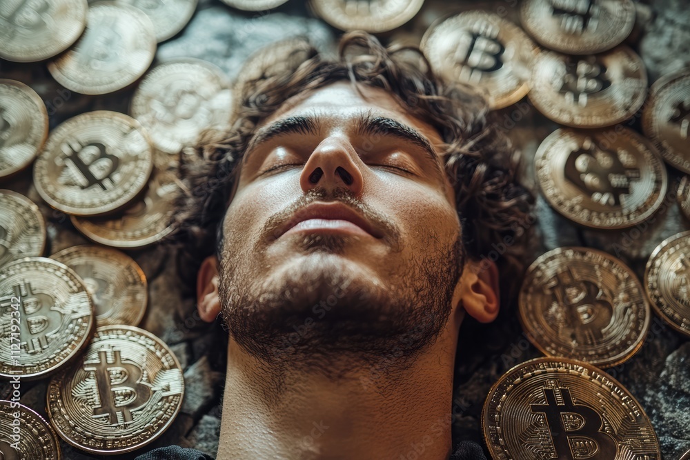 Aufkleber dynamic composition of a man surrounded by bitcoin tokens, symbolizing innovation in digital currenc