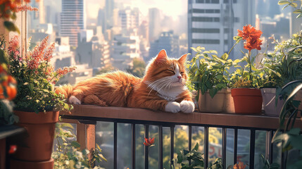 A serene orange cat lounges on a balcony surrounded by plants, overlooking a cityscape.