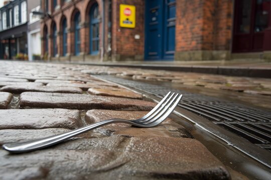 A photo of a single silver fork placed on the ground of a street.
