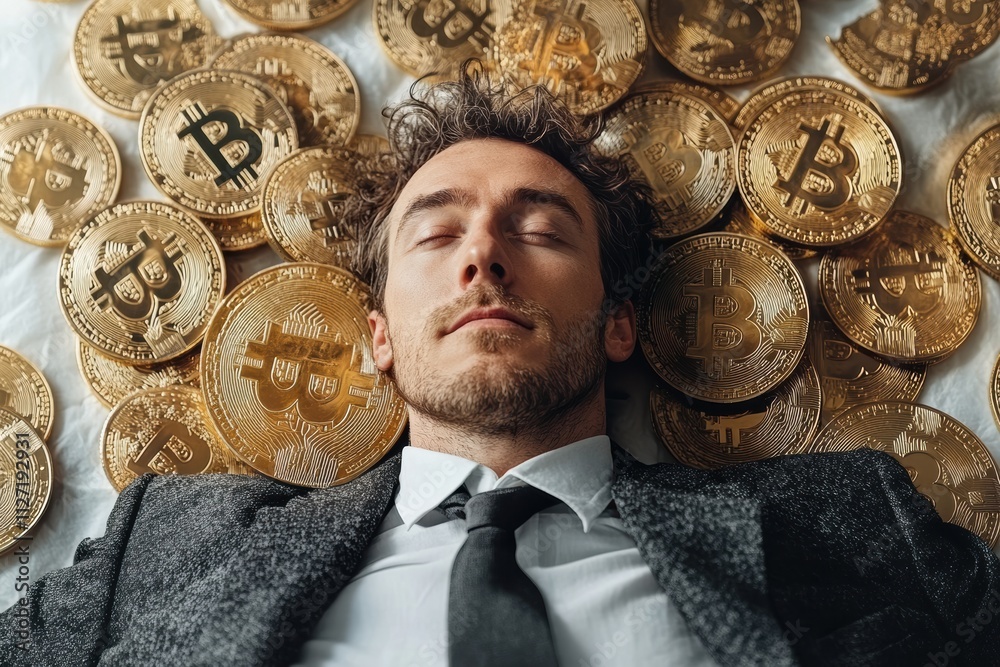 Poster dynamic composition of a man surrounded by bitcoin tokens, symbolizing innovation in digital currenc