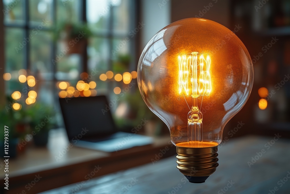 Poster dynamic floating bulb and laptop design, showcasing business ideas and tech-driven creativity in a m