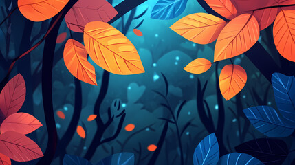 Describe a peaceful autumn equinox evening, with leaves changing color and a calm balance in the crisp air, close up. Equinox. Illustration