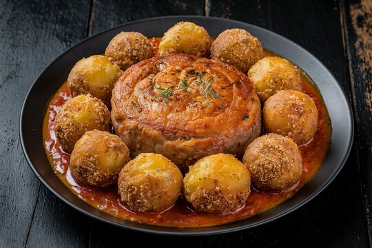 a plate with a fried meat roulet and potato balls in sauce