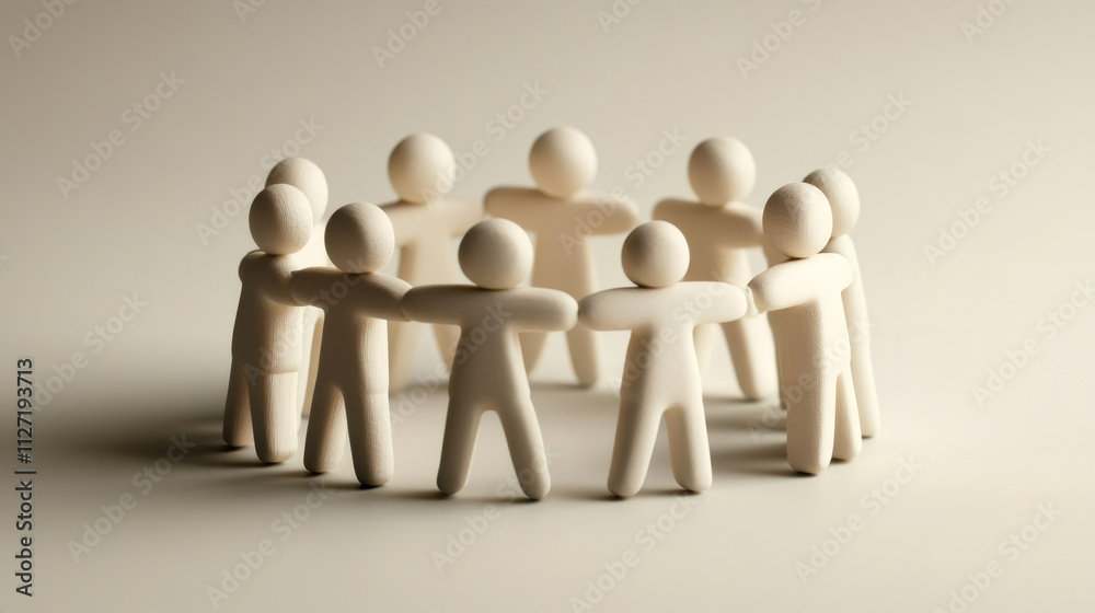 Poster Wooden figures creating a circle to represent the strength of teamwork and unity in achieving shared objectives