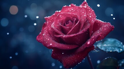 A close-up of a red rose adorned with droplets, set against a soft, blurred background.
