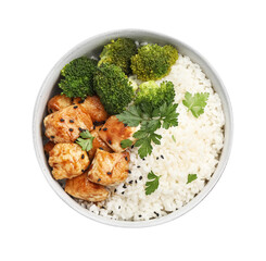 Tasty rice with broccoli, chicken and parsley isolated on white, top view