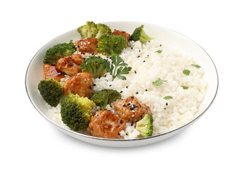 Tasty rice with broccoli, chicken and parsley isolated on white
