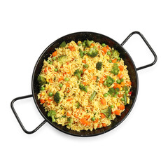 Tasty rice with vegetables in baking dish isolated on white, top view