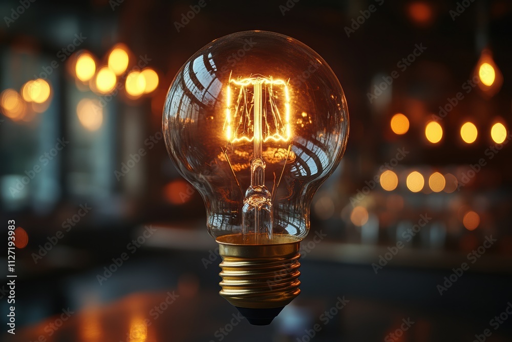Poster dynamic floating bulb and laptop design, showcasing business ideas and tech-driven creativity in a m